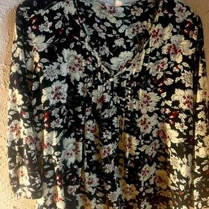 Blouse, long sleeve black with red/white floral print, size LG